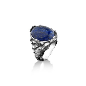 Griechische Mythologie Herrenring mit blauem Lapis Edelstein, Poseidon griechischer Gott Ring mit Lapislazuli, handgemachter Herrenring aus Sterlingsilber
