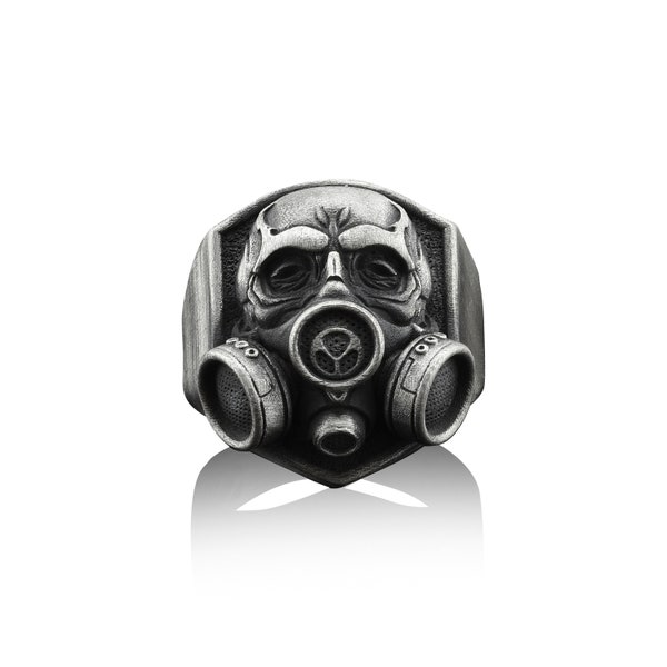 Gas Mask Biker Ring For Men in Sterling Silver, Apocalypse Mask Silver Gothic Ring, Call of Duty Mask Punk Ring, Gas Mask Silver Men Jewelry