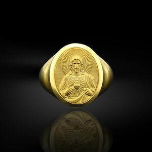 Sacred heart of jesus signet ring for men, 14k or 18k gold mens signet ring for christian, Religious ring for dad, Wedding men gold jewelry