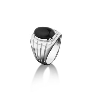Wide band ring with oval black onyx on top, 925 sterling silver mens ring with oval black stone, Onyx ring for men