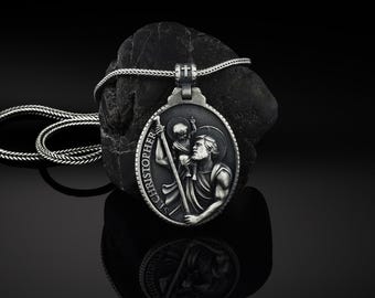 Saint Christopher Necklace, Mens St Christopher Pendant, Silver Christian Pendant, Religious Accessory, Christian Amulet, Men Gift Pendant