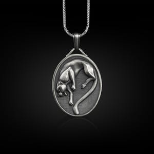 Panther pendant necklace in oxidized silver, Personalized animal necklace for nature lover, Custom name pendant for men