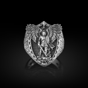 Archangel Michael Dragon Wings Signet Men Ring, St Michael Extraordinary Ring for Men, St Michael Christian Ring, Sterling Silver Faith Ring