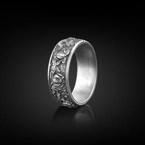 Japanese Lotus Flower Kanji Ornamental Wedding Men&#39;s Band Ring, Sterling Silver Japanesse Jewelry, Lotus Flower Kanji Men Ring, Ring For Men