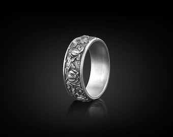 Japanische Lotus Blume Kanji Zier Herren Bandring, Sterling Silber Japanesse Schmuck, Lotus Blume Kanji Männer Ring, Ring für Männer