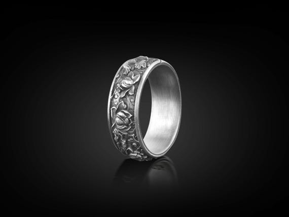 Japanese Lotus Flower Kanji Ornamental Wedding Men's Band Ring, Sterling  Silver Japanesse Jewelry, Lotus Flower Kanji Men Ring, Ring For Men