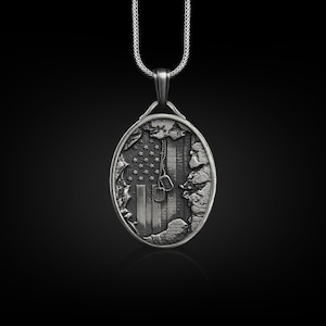 Usa flag mens soldier necklace in silver, American flag patriotic necklace for dad, Custom name pendant necklace for son