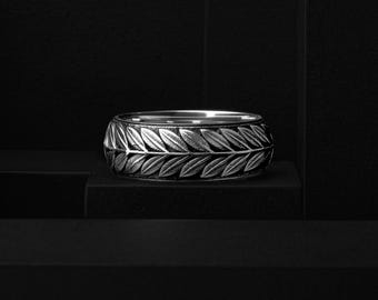 Silver Leaf Floral Ornament Nature Leaves Wedding Band, Personalized Wedding Handmade Gift Jewelry for Men