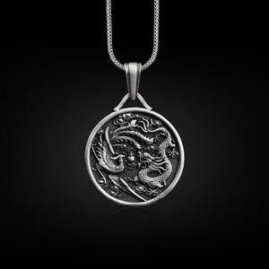 Phoenix and Dragon Engraved Necklace, Sterling Silver Personalized Necklace, Dragon Phoenix Jewelry, Customizable Necklace, Memorial Gift
