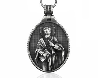 Silver Saint Peter Mens Necklace, Saint Peter Oval Pendant, Silver Christian Mens Medallion, Silver Religious Jewelry, Catholic Mens Charm