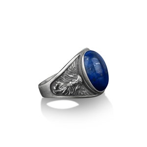 Winged lion silver men&#39;s ring, Blue lapis lazuli signet man ring, African lion men&#39;s ring, Lion signet man ring, Lapis stone mens gift ring