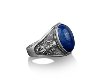 Winged lion silver men's ring, Blue lapis lazuli signet man ring, African lion men's ring, Lion signet man ring, Lapis stone mens gift ring