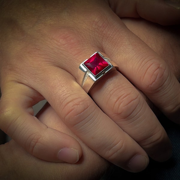 Red ruby silver statement gemstone ring for men, Clear ruby mens solitaire ring for men in 925 silver, Square cut ruby stone ring for men