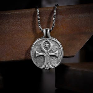 Ankh coin necklace pendant with Snakes hook for men in sterling silver, Egyptian silver charm cross jewelry, Mothers day ida gift necklaces