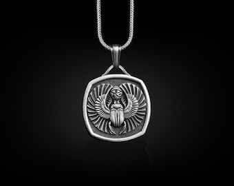 Scarab and eye of horus pendant necklace in silver, Personalized egyptian mythology necklace for best friend, Dad gift