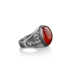 Phoenix engraved with red agate stone men ring in sterling silver, Oval cut red agate stone ring for him and her, Carnelian silver men ring