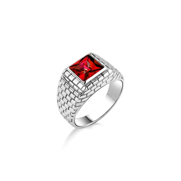 Red ruby stone square cut pinky ring for men in silver, Clear Ruby stone statment men ring, Sterling silver wedding men gift jewelry ring
