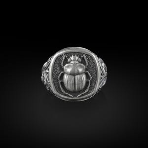 Egyptian Beetle Scarab Ring, Sterling Silver Square Signet Ring, Ancient Egyptian Amulet, Mythology Jewelry, Rings for Men and Women