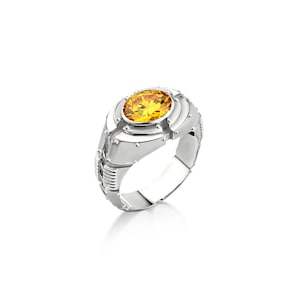Yellow citrine mens engagement ring in sterling silver, Citrine solitaire promise ring for men, Futuristic ring for husband, Ring for men