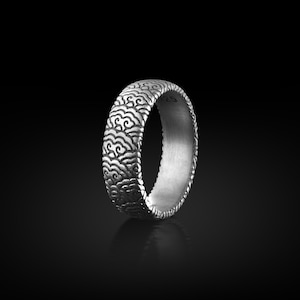 Japan Ornament Flower Band Ring for Men, Sterling Silver Wedding Band Ring, Floral Ring for Men, Japanese Jewelry, Oriental Ring, Mens Gift