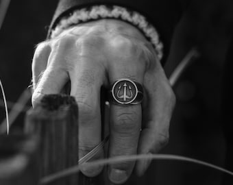 Poseidon Trident Cushion Signet Ring, Sterling Silver Greek Mythology Jewelry, Engraved Ring, Ancient Greece, Minimalist Ring, Memorial Gift
