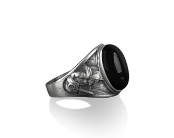 Spartan warrior with black onyx silver men ring, Leonidas engraved black onyx stone sterling silver man ring, Greek mythology mens jewelry