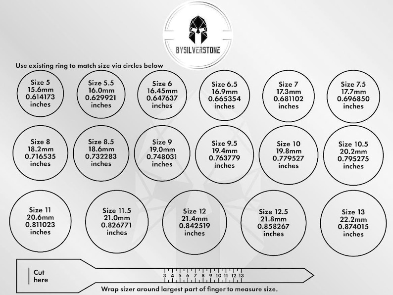 K&ouml;nnte beinhalten: Eine Tabelle mit einem Lineal und Kreisen, die verschiedene Ringgr&ouml;&szlig;en in Millimetern und Zoll zeigen. Die Tabelle ist mit "Verwenden Sie einen vorhandenen Ring, um die Gr&ouml;&szlig;e &uuml;ber die Kreise unten abzugleichen" und "Wickeln Sie den Ringgr&ouml;&szlig;enmesser um den dicksten Teil des Fingers, um die Gr&ouml;&szlig;e zu messen" beschriftet.