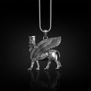 Assyrian Silver Men Necklace, Lamassu Pendant, Assyrian Winged Bull Necklace, Human Headed Mythical Creature Dad Necklace, Silver Men&#39;s Gift
