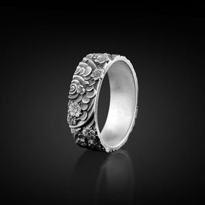 Japanse wind en bloemen traditionele bruiloft heren bandring, bloem sier bruiloft zilveren ring, verlovingscadeau, beloftering voor mannen