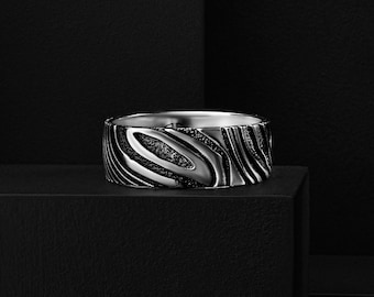 Sterling Silver Men's Band Ring with Raised Curved Ribbed Pattern, Wide Textured Personalized Wedding Jewelry