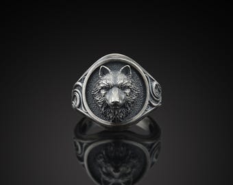Handmade Wolf Sterling Silver Men's Signet Ring, Wild Wolf Boho 925 Silver Man Ring, Alpha Majestic Wolf Men Rings, Jewelry Gift For Mens