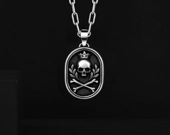 Sterling Silver Handmade Skull Signet Men's Necklace, Personalized Gothic Biker Jewelry Pendant for Husband