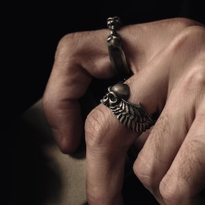 Winged Skull Handmade Sterling Silver Men Ring, Winged Skull Gothic Ring, Winged Skull Punk Ring, Winged Skull Silver Men Biker Men Jewelry