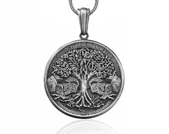 Tree of Life with Wolf Handmade Sterling Silver Charm Necklace, Yggdrasil Norse Mythology Jewelry, Tree of Life Pendant, Mythology Necklace