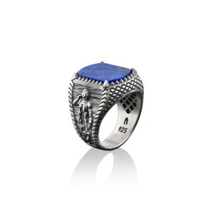 Scuba diving silver men ring, Unusual diver themed lapis lazuli gemstone ring in 925 sterling silver, Antique diving suite signet man ring