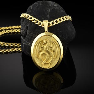 14k gold dragon pendant necklace for men, Engraved dragon medallion jewelry, 21k gold men&#39;s gift necklace, gold dragon gift for men