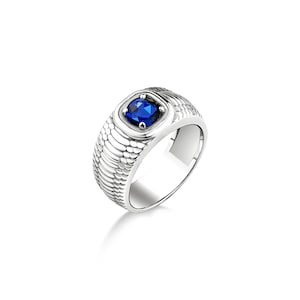 Blue sapphire snakeskin mens solitaire ring in sterling silver, Sapphire statement ring for men, Unique mens blue stone fashion gift rings
