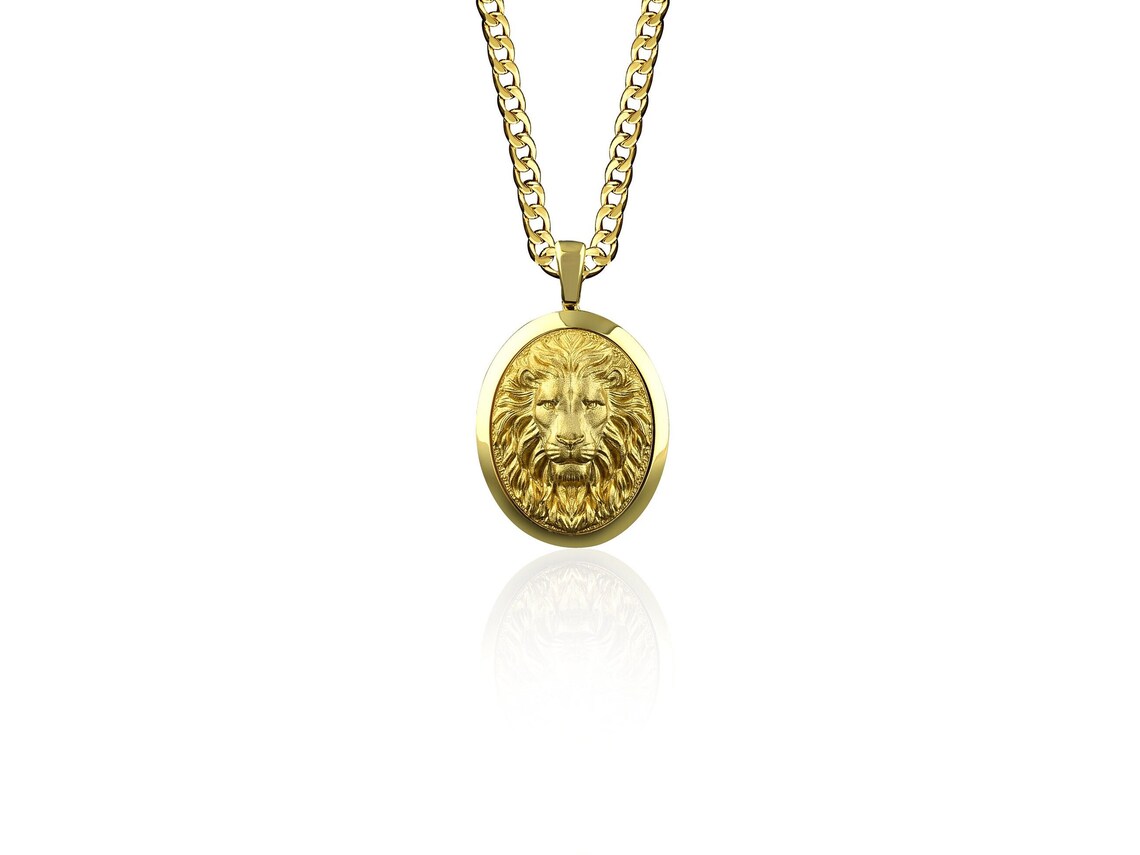 Personalized Gold Mens Lion Necklace 18K Gold Oval Lion Etsy