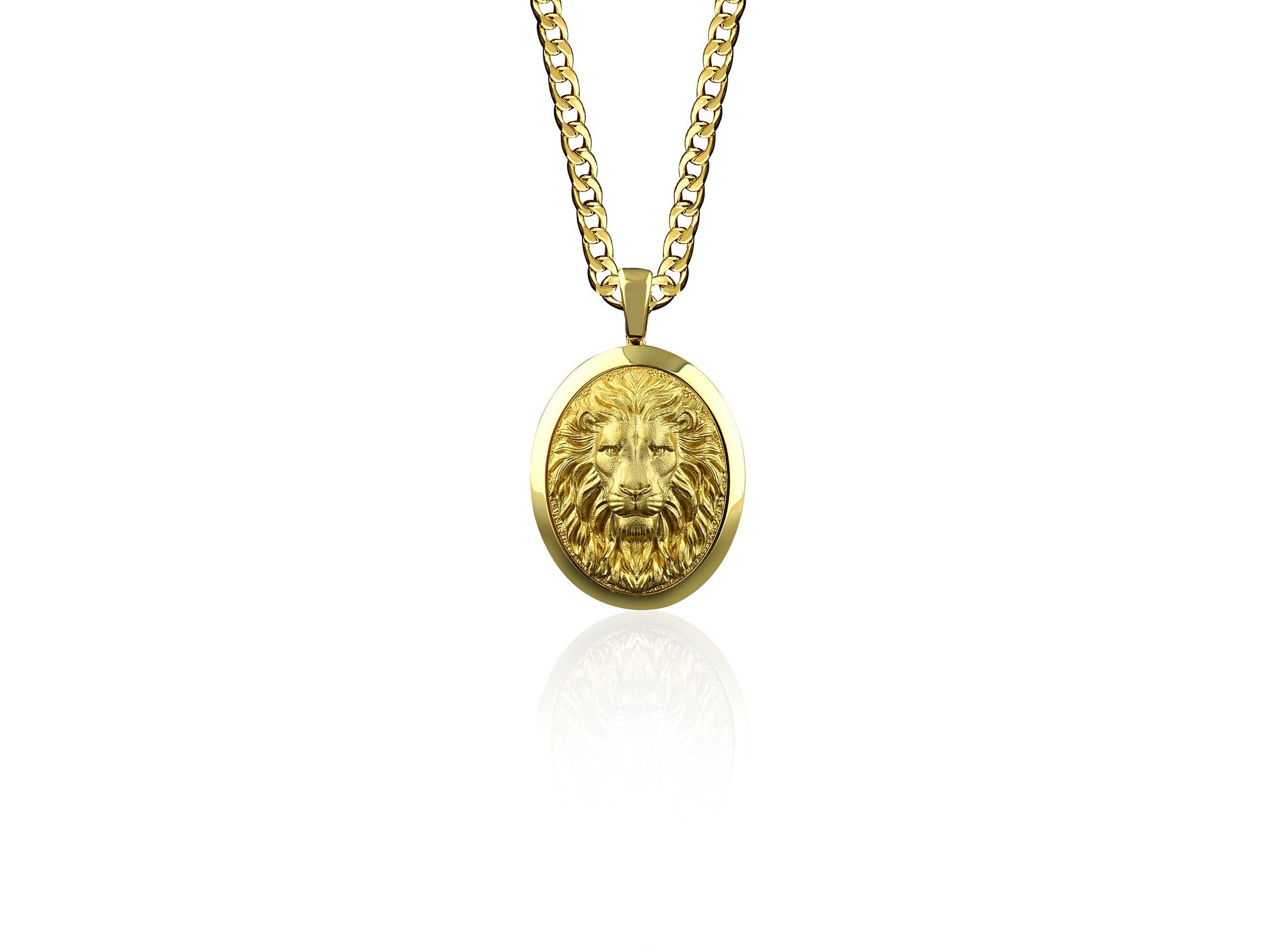 Mens Lion Necklace 18K Gold Oval Lion 