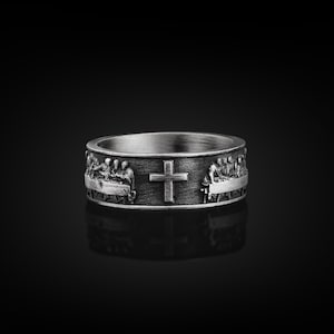 Last Supper Cross Handmade Sterling Silver Men Band Ring, Cross Wedding Ring, Stackable Cristian Ring, Religious Jewelry, Anniversary Gift