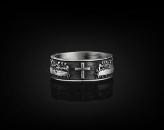 Last Supper Cross Handmade Sterling Silver Men Band Ring, Cross Wedding Ring, Stackable Cristian Ring, Religious Jewelry, Anniversary Gift