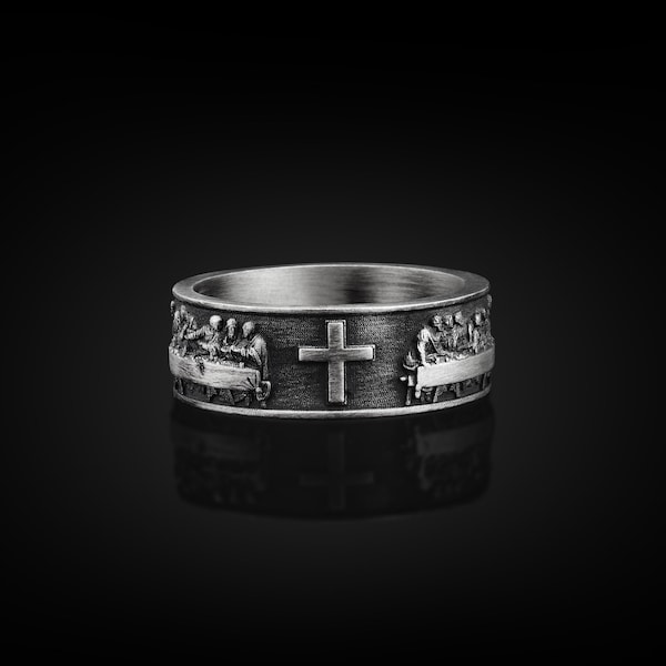 Laatste avondmaal kruis handgemaakte sterlingzilveren heren bandring, kruis trouwring, stapelbare Cristian ring, religieuze sieraden, jubileumcadeau