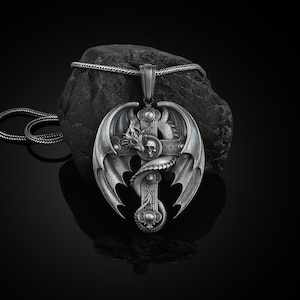 Dragon on cross mens silver necklace for boyfriend, Gothic cross pendant for good luck, Unique mens necklace for husband