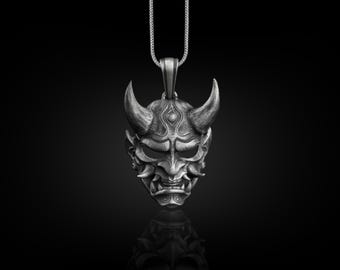 Collier masque Hannya oxydé en argent, collier masque Oni art japonais pour petit ami, collier démon femme pour petite amie, collier diable