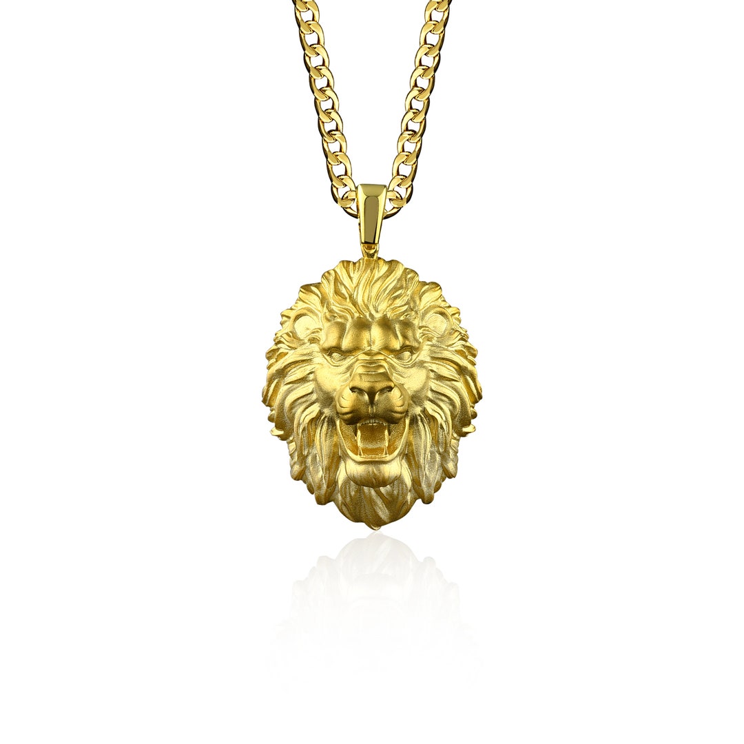 Solid Gold Lion Head Necklace, 18K Gold Wild Lion Head Charm Pendant, African Lion Gold Jewelry