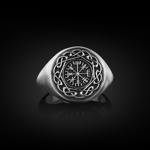 Vegvisir with Viking Knot Ring for Men in Sterling Silver, Norse Mythology Pinky Signet Ring,  Nordic Men Engraved Ring, Viking Compass Ring
