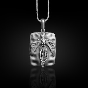 Phoenix firebird sterling silver necklace for men, Unique everyday necklace for best friend, Cool mens mythology jewelry