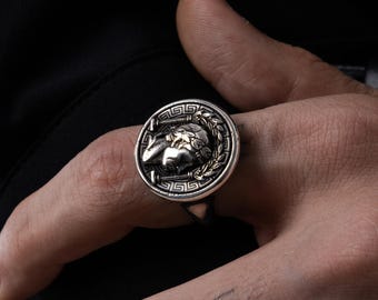 Unique Athena Greek Goddess Signet Silver Ring Ruinist Style for Men, Personalized Greek Gods Gift Jewelry