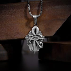 Horus eye ankh cross pendant necklace for men or women in sterling silver, Egyptian mytholgy silver jewelry, Ankh pendant gift for mother