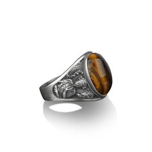Tiger&#39;s eye silver buddha man ring, Sterling silver Abhaya Mudra Buddha engraved tiger&#39;s eye gemstone ring, Signet ring for men and women